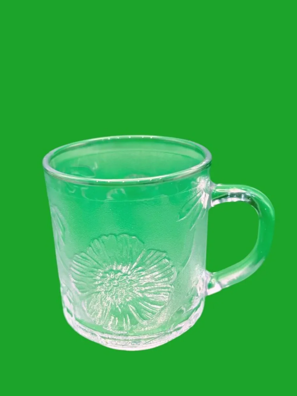 KIG Indonesia Clear Glass Hibiscus & Tropical Leaf Mugs | Vtg Press Glass Set\11